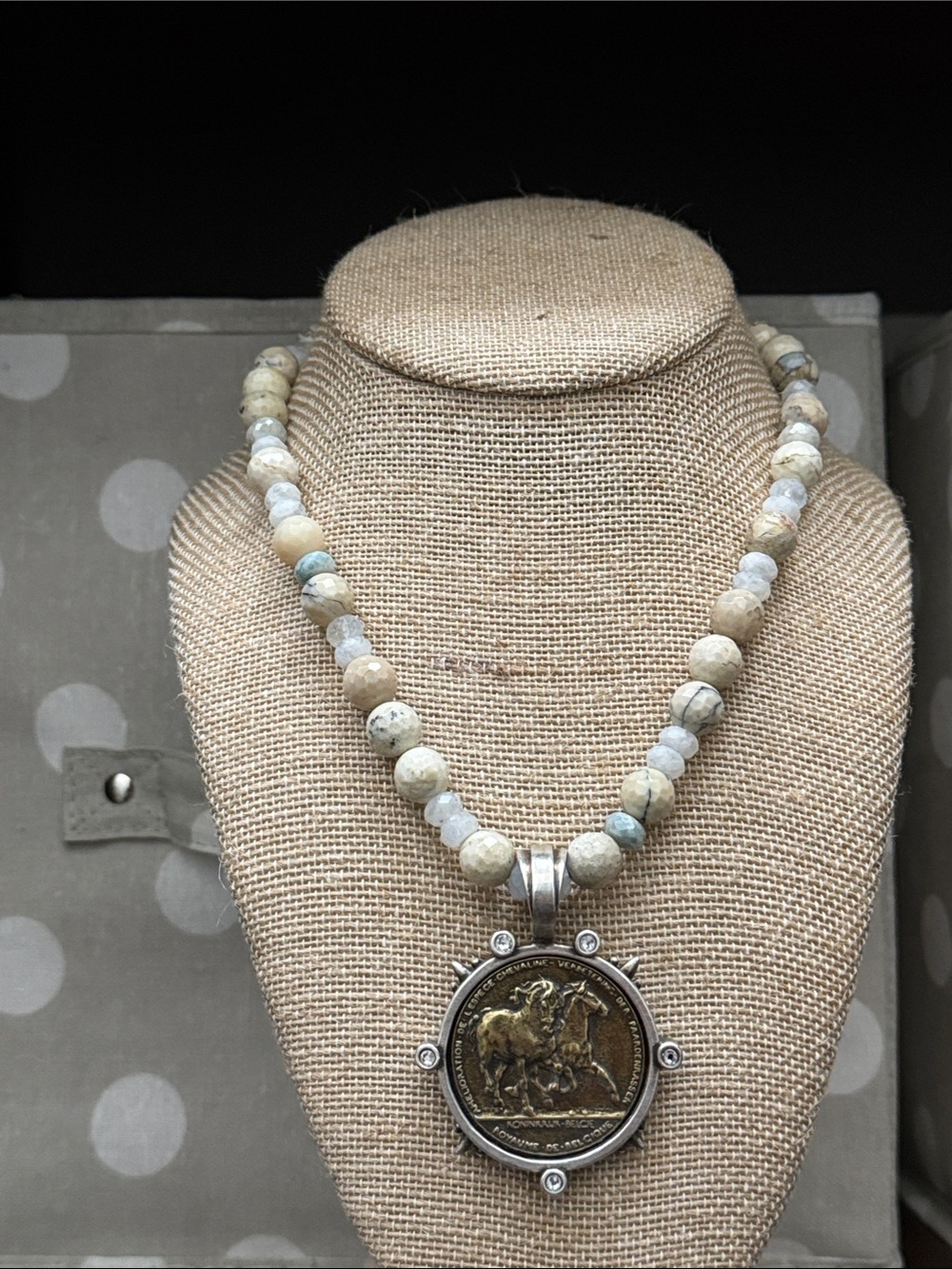 French Kande Beige and Cream Beaded Necklace with Medallion Pendant